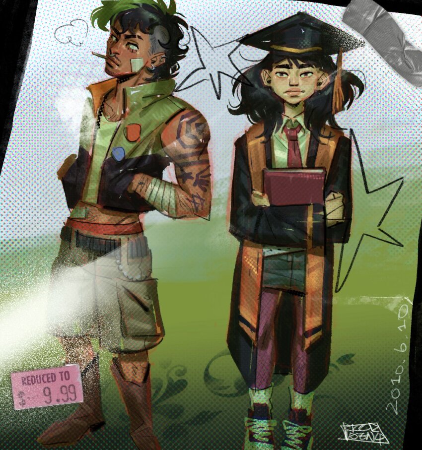 1boy, 1girl, adoptive_siblings, antonio_leon_mars_(skcd_loen), arm_hair, arm_tattoo, artist_logo, badge