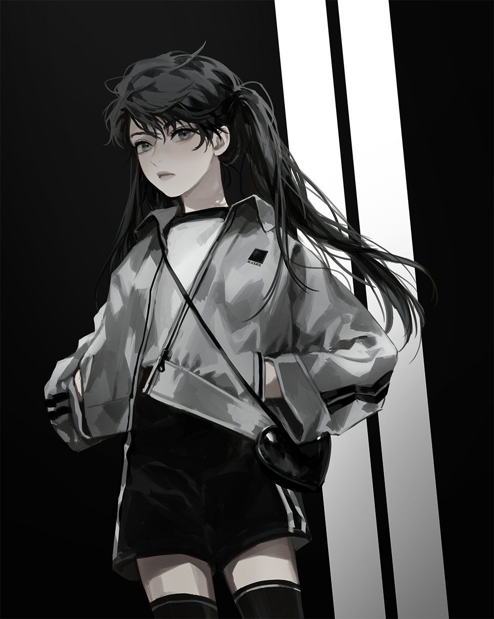 1girl, black_eyes, black_hair, black_shorts, black_thighhighs, blackbox_(blackbox9158), grey_jacket, hands_in_pockets