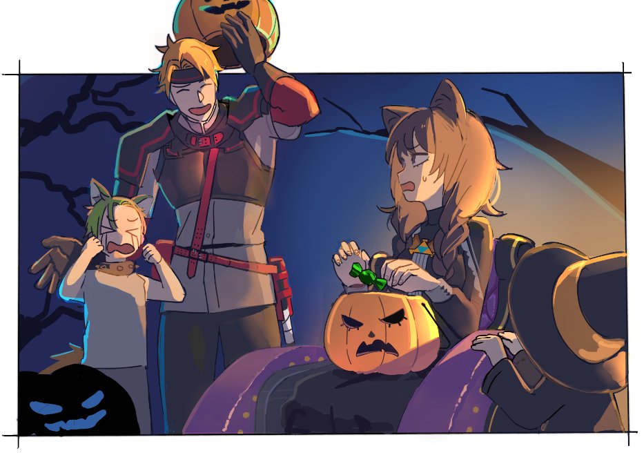 2boys, 2girls, animal_ears, armor, bare_tree, black_dress, blonde_hair, braid