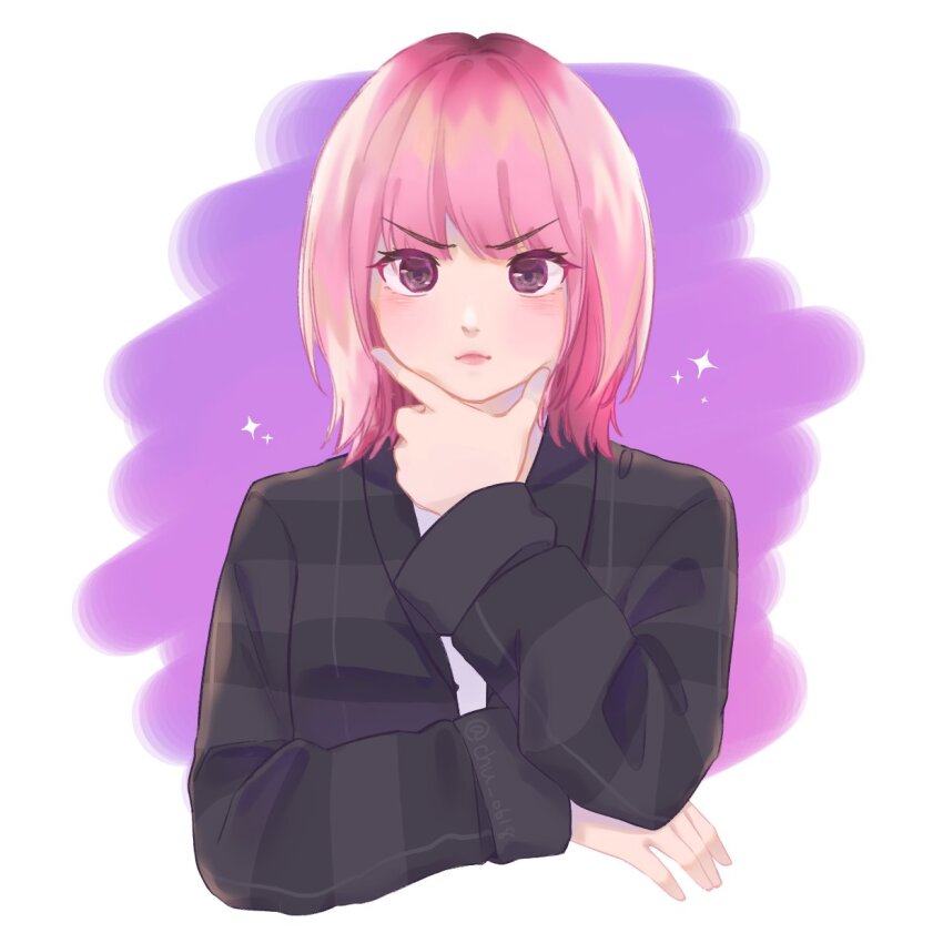 1girl, black_jacket, blush, border, chu_0618, closed_mouth, eunha_(gfriend), gfriend