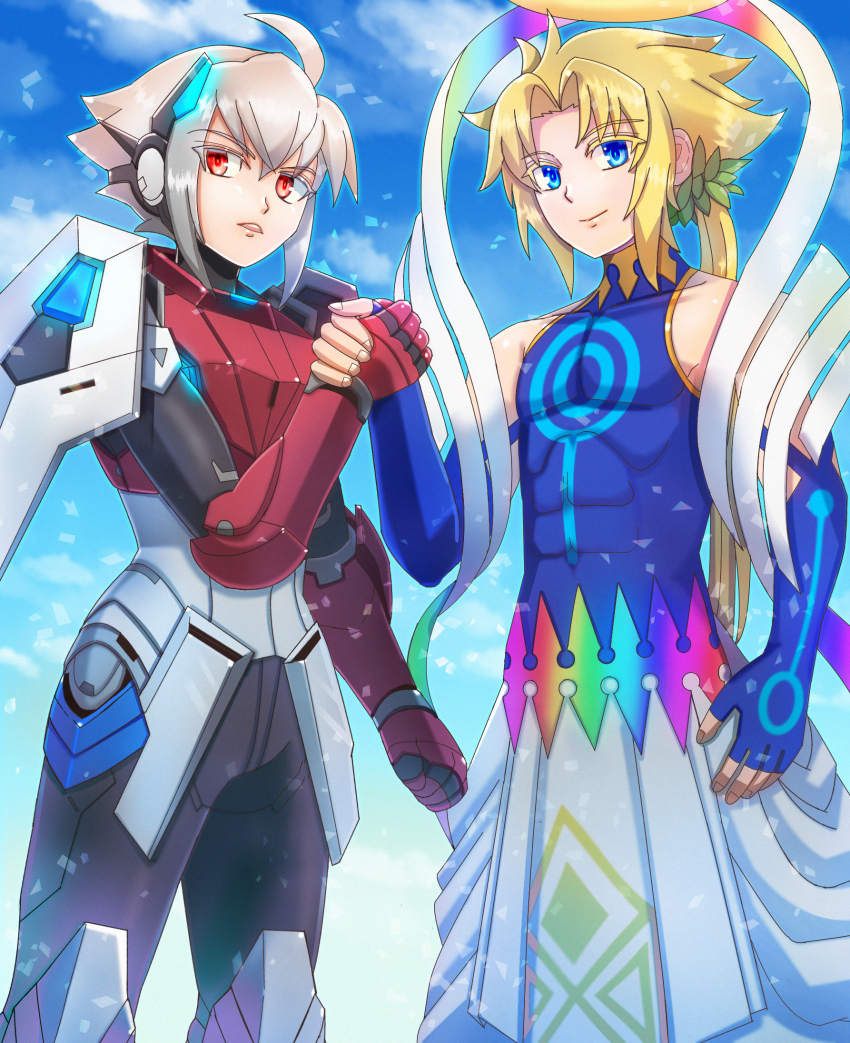 2boys, armor, azure_striker_gunvolt, bare_shoulders, blonde_hair, blue_eyes, blue_robe, cow