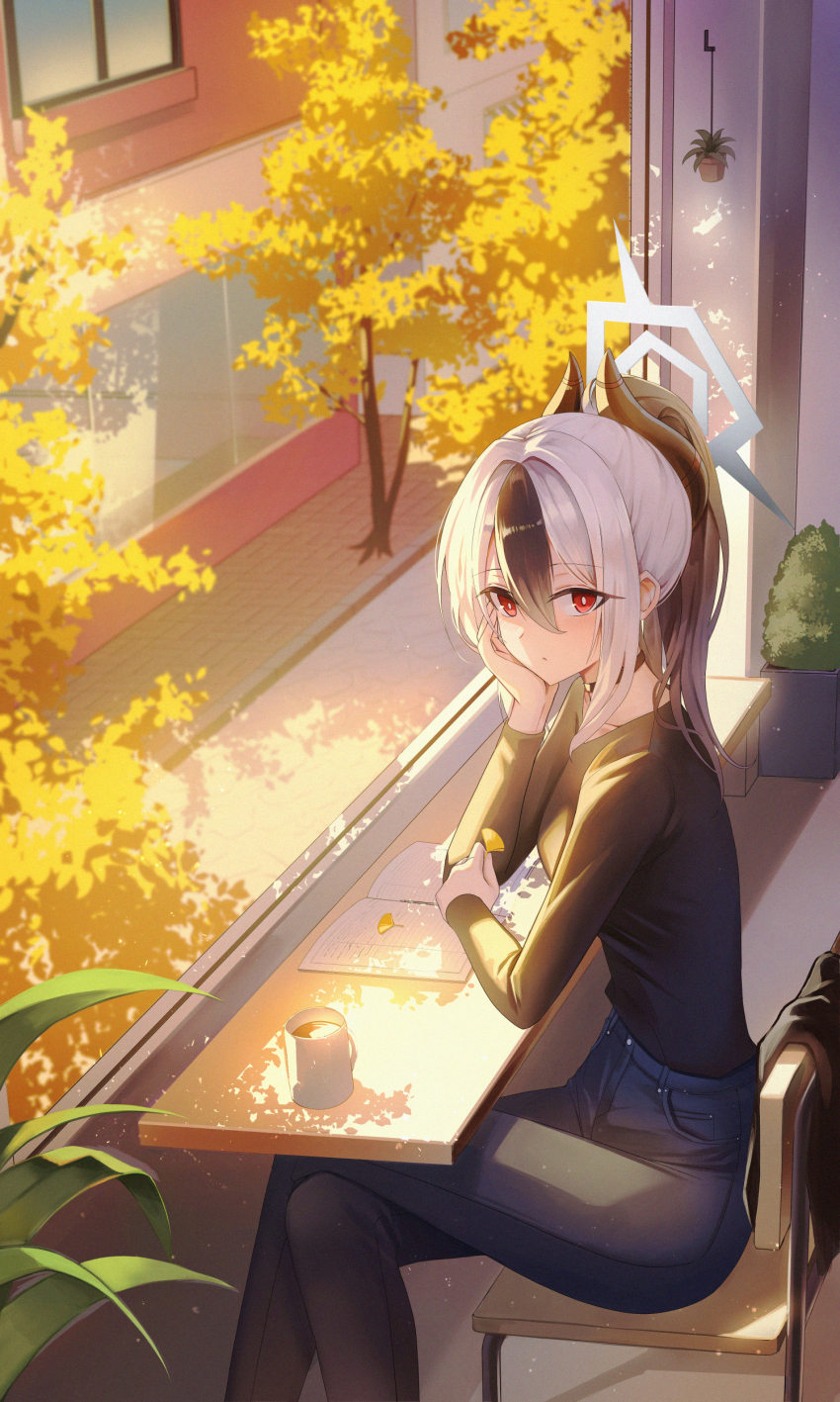 1girl, absurdres, alternate_costume, arm_on_table, autumn, black_choker, black_hair, black_horns, black_shirt, blue_archive, bright_pupils, building, chair, choker, closed_mouth, commentary, crossed_legs, cup, dappled_sunlight, demon_horns, denim, elbow_rest, grey_halo, halo, highres, horns, indoors, jeans, kayoko_(blue_archive), leehong_studio, long_sleeves, looking_at_viewer, looking_to_the_side, mug, multicolored_hair, notebook, on_chair, orange_leaf, pants, plant, ponytail, potted_plant, red_eyes, road, shirt, sitting, solo, street, sunlight, table, tree, two-tone_hair, urban, white_hair, white_pupils, window