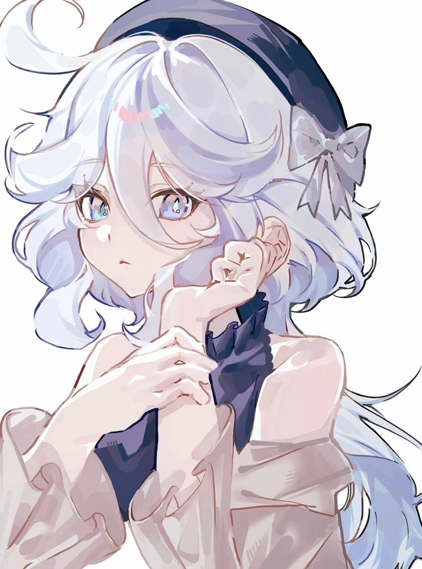 1girl, ahoge, blue_eyes, blue_hair, blue_hat, cowlick, dress, drop-shaped_pupils