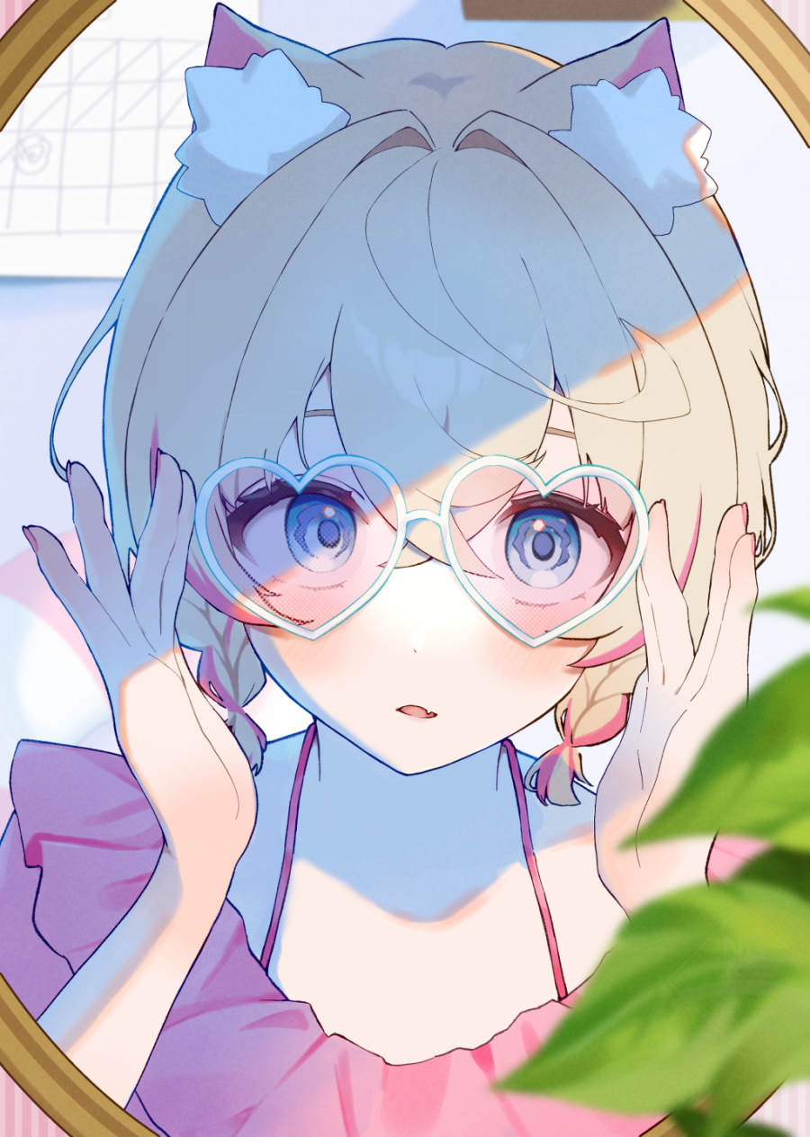 1girl, adjusting_eyewear, animal_ear_fluff, animal_ears, blonde_hair, blouse, blue_eyes, blush, braid, braided_twintails, commentary_request, crossed_bangs, dog_ears, double-parted_bangs, fang, hair_between_eyes, hair_intakes, heart, heart-shaped_eyewear, highres, hololive, hololive_english, looking_at_viewer, mirror, mococo_abyssgard, multicolored_hair, nail_polish, official_alternate_hairstyle, parted_lips, pink-tinted_eyewear, pink_nails, pink_shirt, pink_streaks, reflection, shirano_shino, shirt, short_hair, short_twintails, skin_fang, solo, streaked_hair, sunglasses, tinted_eyewear, twintails, upper_body, virtual_youtuber