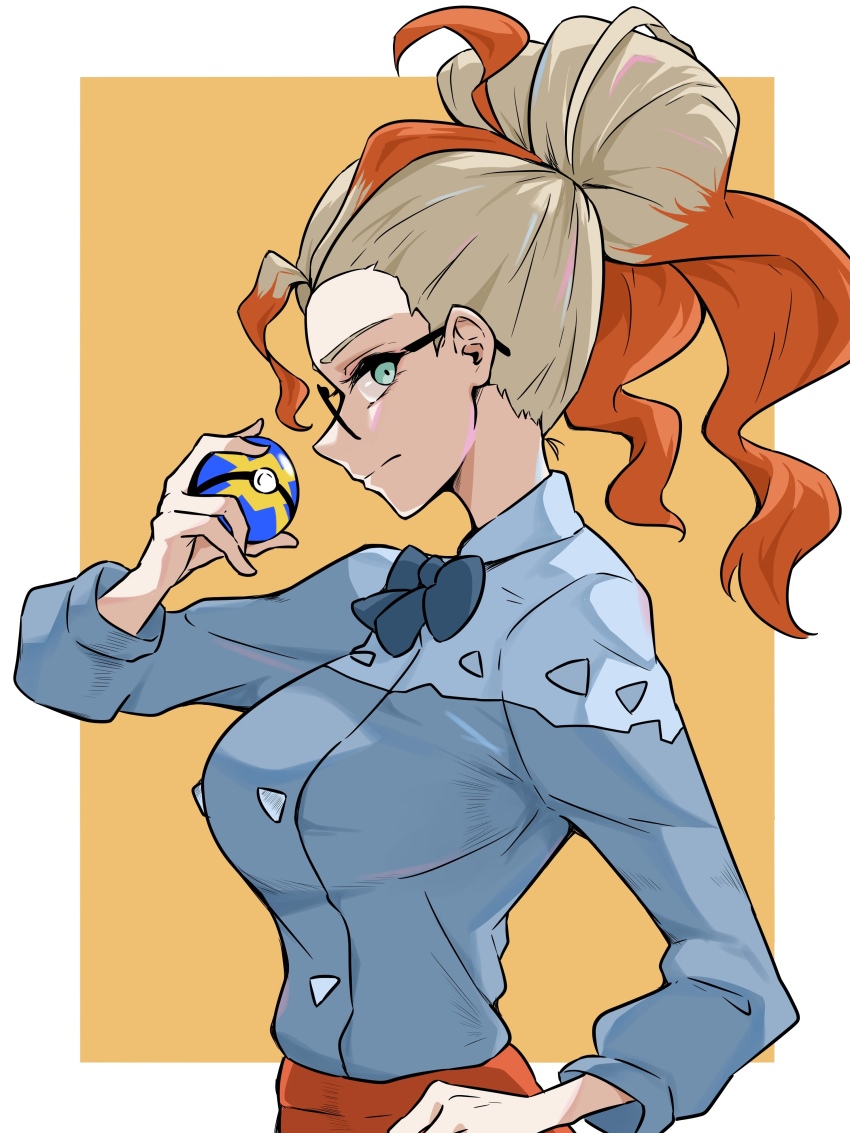 1girl, absurdres, black_bow, black_bowtie, blue_eyes, bow, bowtie, glasses, grey_hair, grey_shirt, griselle_(pokemon), highres, holding, holding_poke_ball, long_hair, multicolored_hair, nintendo, nittora, orange_background, poke_ball, pokemon, pokemon_legends:_z-a, ponytail, profile, quick_ball, red_hair, shirt, two-tone_hair