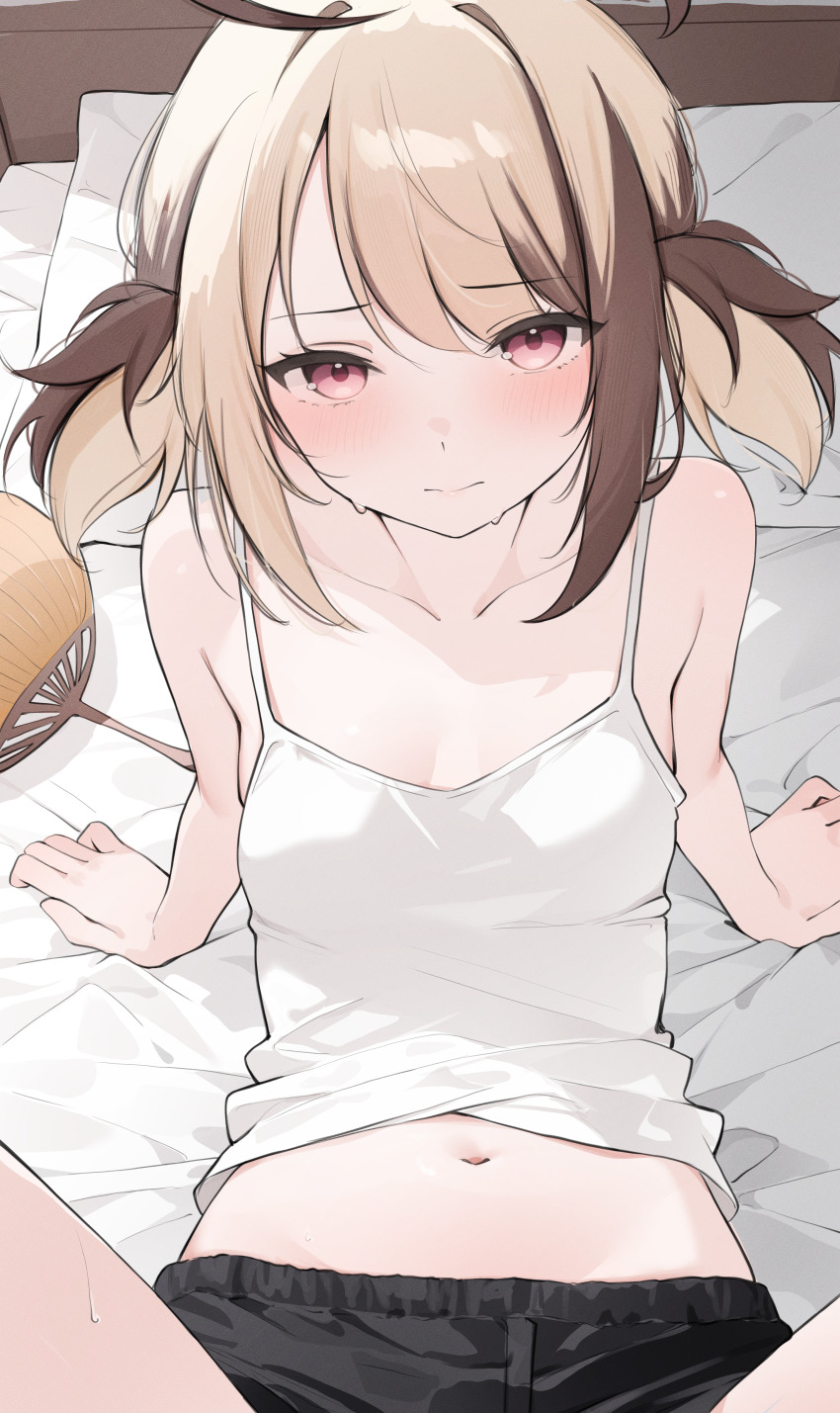 1girl, absurdres, ahoge, arm_support, bare_arms, blonde_hair, blush, brown_hair