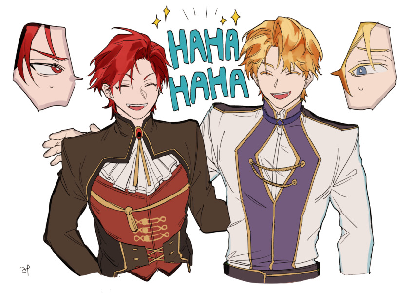 2boys, alberu_crossman, ascot, blonde_hair, blue_eyes, brown_jacket, cale_henituse, closed_eyes