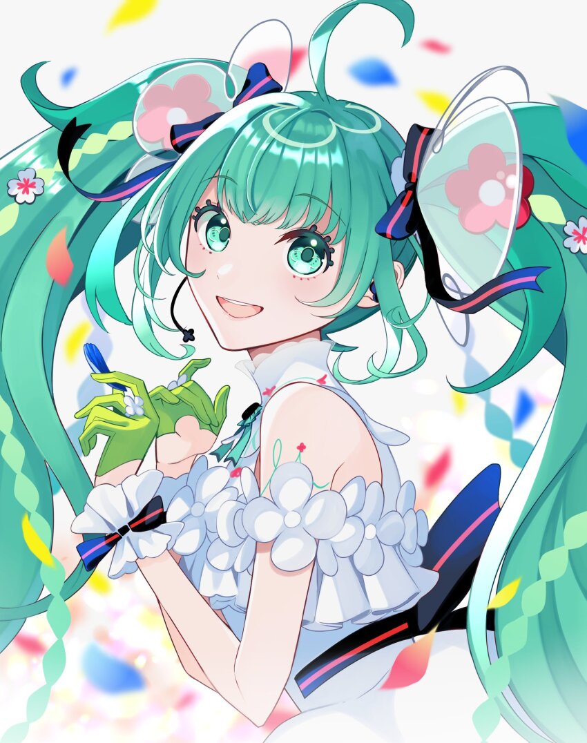 1girl, ahoge, aqua_eyes, aqua_hair, bare_shoulders, black_ribbon, commentary_request, dress, frilled_wrist_cuffs, frills, from_side, gloves, green_eyes, green_gloves, green_hair, hair_ribbon, hand_up, hatsune_miku, hatsune_miku_japan_tour_2025_~blooming~, highres, light_blush, long_hair, looking_at_viewer, masumofu, official_alternate_costume, official_alternate_hairstyle, open_mouth, ribbon, sleeveless, sleeveless_dress, smile, solo, striped_ribbon, twintails, upper_body, vocaloid, white_dress, wrist_cuffs