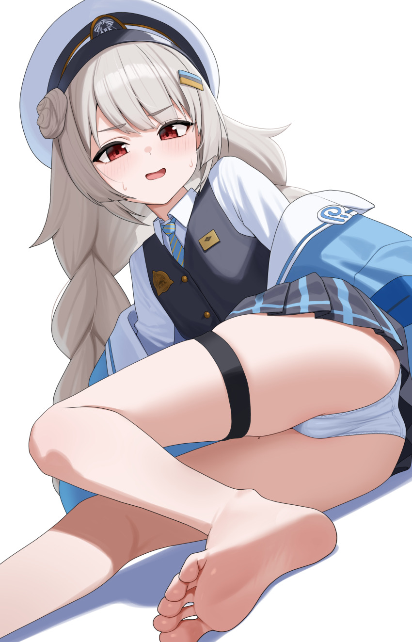 1girl, ass, barefoot, black_skirt, black_vest, blue_jacket, blue_necktie, blush, braid, collared_shirt, feet, goddess_of_victory:_nikke, grey_hair, hair_bun, hair_ornament, hat, highres, jacket, jacket_partially_removed, loli, long_sleeves, looking_at_viewer, lying, mole, mole_on_thigh, necktie, nervous_sweating, on_side, panties, plaid_clothes, plaid_skirt, pleated_skirt, red_eyes, shirt, single_side_bun, skirt, soline_(frost_ticket)_(nikke), soline_(nikke), solo, sweat, thigh_strap, twin_braids, two-sided_fabric, two-sided_jacket, underwear, vest, white_background, white_hat, white_jacket, white_panties, white_shirt, xi_oshir1