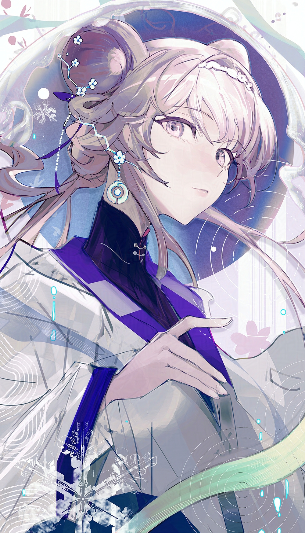 1girl, animal_ears, arknights, closed_mouth, fingernails, flower, grey_eyes, grey_hair