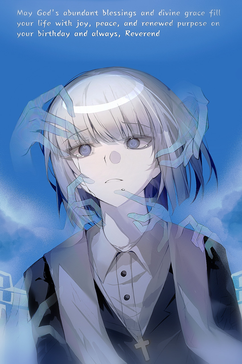 1boy, black_jacket, blue_background, blue_eyes, blunt_bangs, buttons, chinese_commentary, collared_shirt