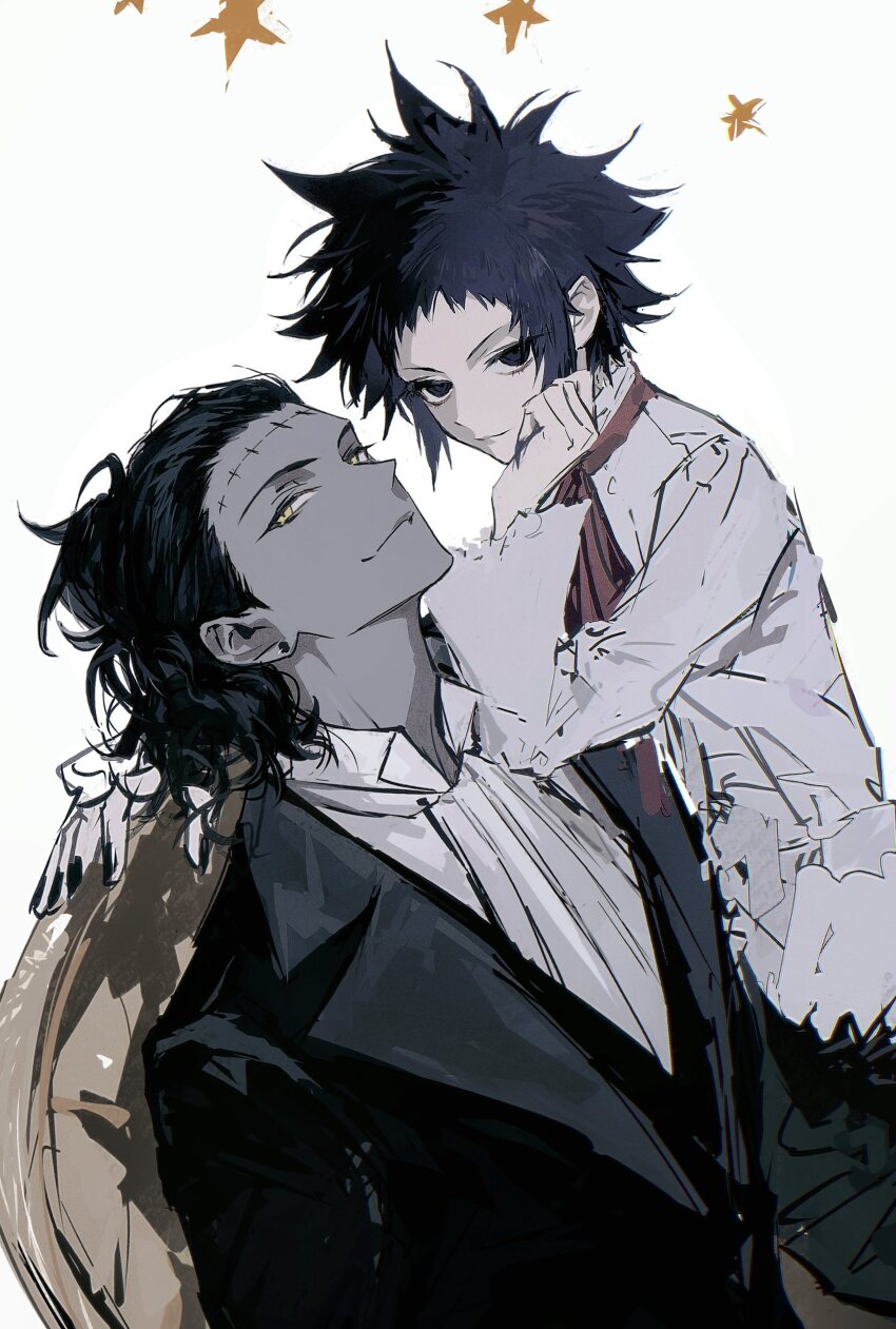 1boy, 1girl, absurdres, black_hair, black_nails, black_suit, blue_eyes, blue_hair