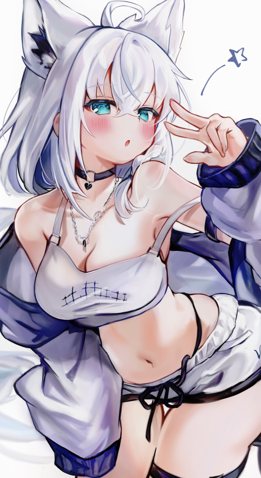 1girl, ahoge, animal_ear_fluff, animal_ears, aqua_eyes, black_choker, blush, breasts