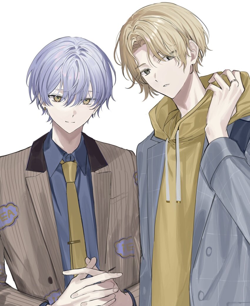 18trip, 22kolink, 2boys, adjusting_clothes, blonde_hair, brown_jacket, closed_mouth, commentary