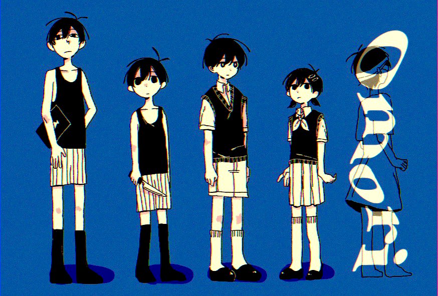 1girl, 3boys, antenna_hair, bandaged_head, bandages, barefoot, black_eyes, black_hair