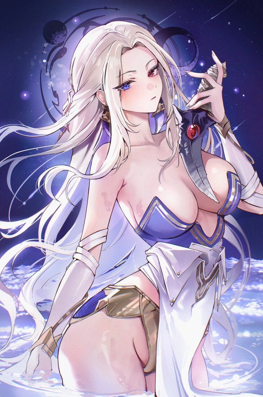 aiona_(silver_and_blood), arched_back, arm_guards, armor, bare_shoulders, bikini_armor, breasts, center_opening