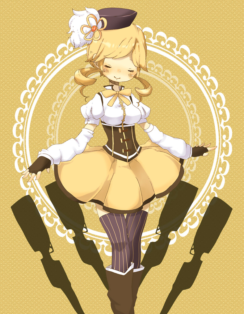 10s, 1girl, beret, blonde_hair, boots, breasts, closed_eyes, corset, detached_sleeves, drill_hair, female_focus, fingerless_gloves, gloves, gun, hair_ornament, hat, jiguma, magical_girl, magical_musket_(madoka_magica), mahou_shoujo_madoka_magica, mahou_shoujo_madoka_magica_(anime), miniskirt, pleated_skirt, puffy_sleeves, shirt, skirt, smile, solo, striped_clothes, striped_thighhighs, taut_clothes, taut_shirt, thigh_gap, thighhighs, thighs, tomoe_mami, tomoe_mami_(magical_girl), vertical-striped_clothes, vertical-striped_thighhighs, weapon, yellow_background, yellow_skirt, yellow_theme