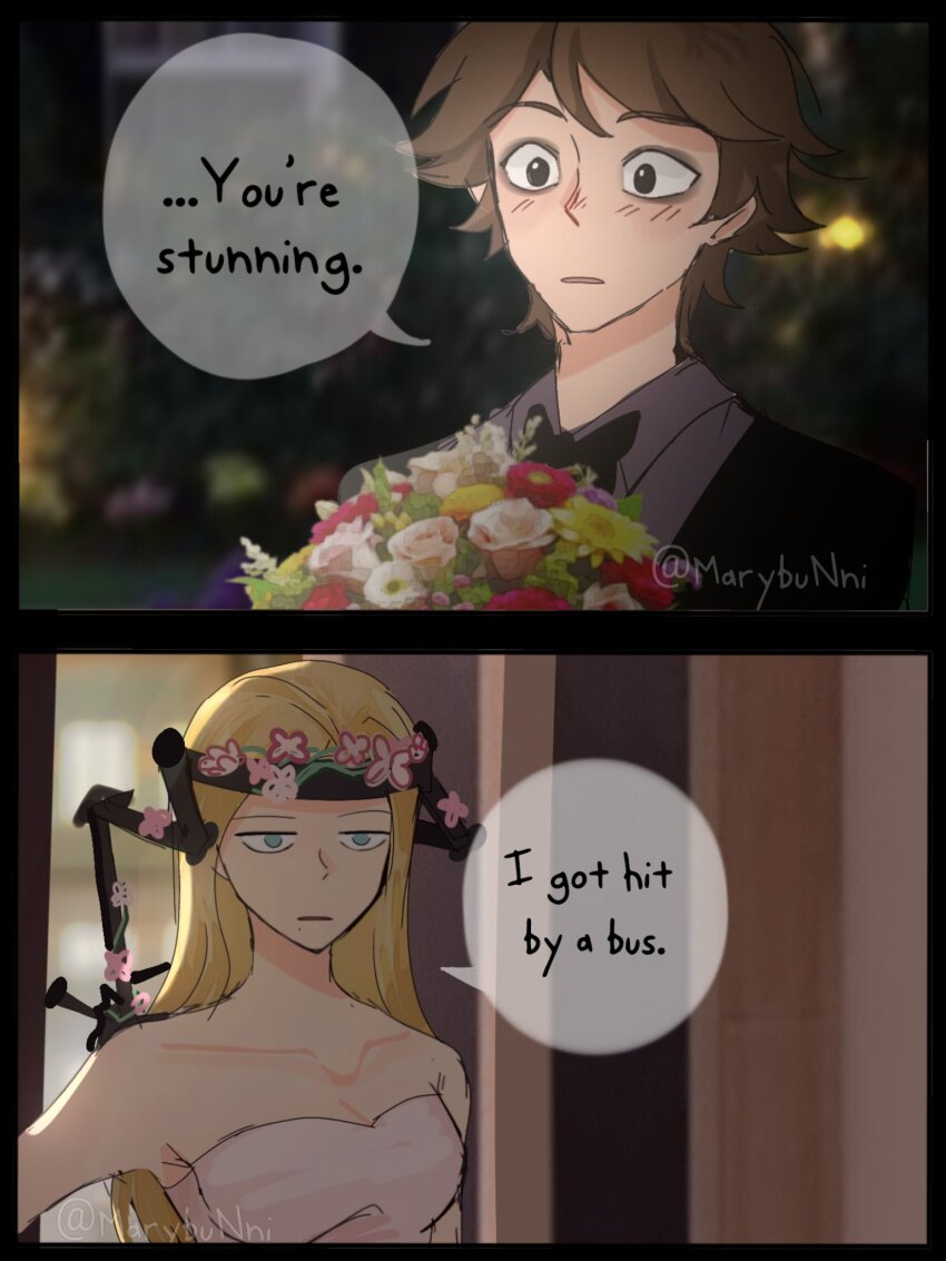 1boy, 1girl, back_brace, blonde_hair, blurry, brown_hair, diary_of_a_wimpy_kid, dress