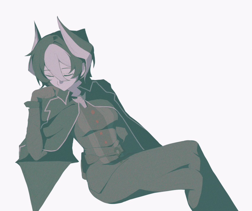 1girl, black_cape, black_hair, black_horns, black_pants, black_shirt, brown_gloves, buttons, cape, closed_eyes, commentary, double-parted_bangs, film_grain, gloves, hair_between_eyes, head_rest, highres, horns, invisible_chair, logo, made_in_abyss, multicolored_hair, multicolored_horns, no_mouth, ozen, pants, rafag, shirt, short_hair, simple_background, sitting, solo, striped_clothes, striped_shirt, untranslatable_commentary, two-tone_hair, two-tone_horns, white_background, white_hair, white_horns