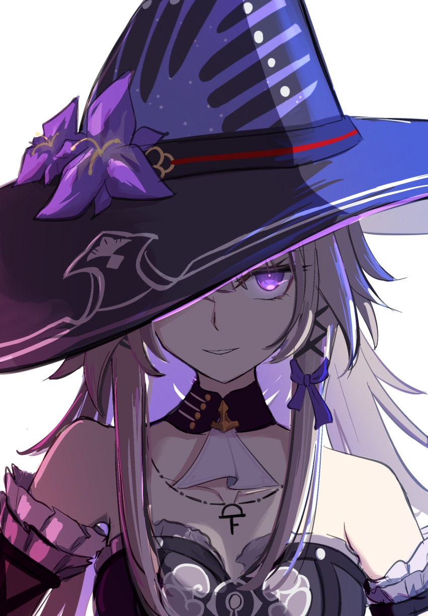 1girl, ascot, bare_shoulders, black_choker, choker, commentary_request, detached_sleeves, disfiro03