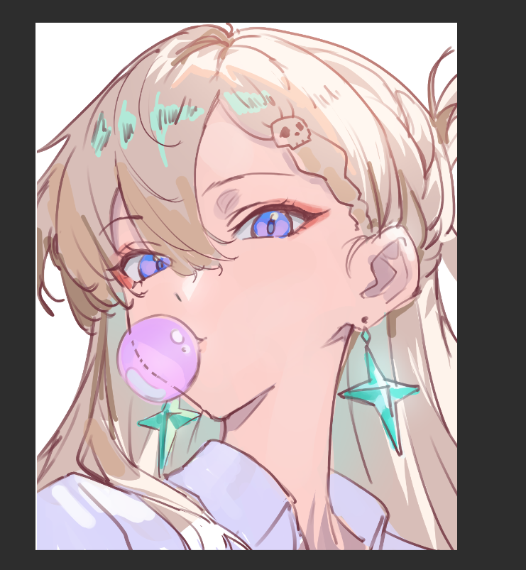 1girl, blonde_hair, blowing_bubble_gum, braid, braided_bangs, chewing_gum, colored_inner_hair, commentary