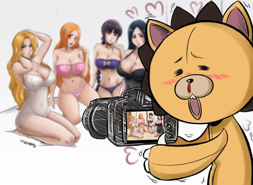 1boy, 4girls, artist_name, bare_shoulders, black_hair, bleach, bleach:_sennen_kessen-hen, blonde_hair