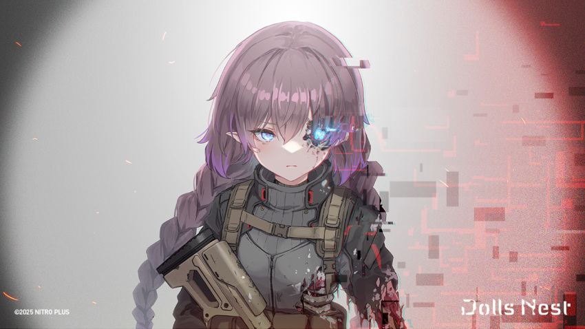 1girl, android, ar-15, blue_eyes, braid, damaged, dolls_nest, expressionless