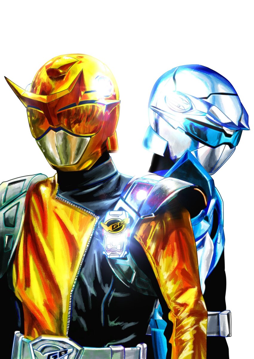 2boys, 4ze_meteor, absurdres, beet_buster, black_bodysuit, blue_bodysuit, blue_helmet, bodysuit, gold_helmet, helmet, highres, male_focus, multiple_boys, simple_background, stag_buster, super_sentai, tokumei_sentai_go-busters, tokusatsu, upper_body, white_background, yellow_bodysuit