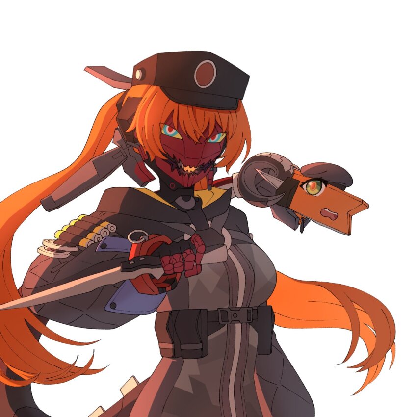 ammunition_pouch, black_hat, black_horns, blue_eyes, clothed_robot, colored_sclera, commentary, curled_horns, dress, english_commentary, green_eyes, hand_up, hat, highres, holding, holding_knife, horns, humanoid_robot, klaivre_p, knife, long_hair, magus_(zenless_zone_zero), mechanical_arms, mechanical_horns, mechanical_tail, multicolored_eyes, open_mouth, orange_hair, orange_pupils, orphie_magnusson, pointy_ears, pouch, red_eyes, robot, robot_girl, sentient_tail, sharp_teeth, simple_background, tail, teeth, twintails, upper_body, white_background, yellow_sclera, zenless_zone_zero, zipper_dress