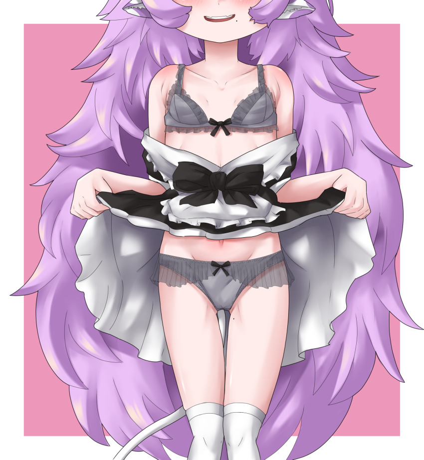 1girl, animal_ears, bare_shoulders, blush, bow, bow_panties, bra, breasts