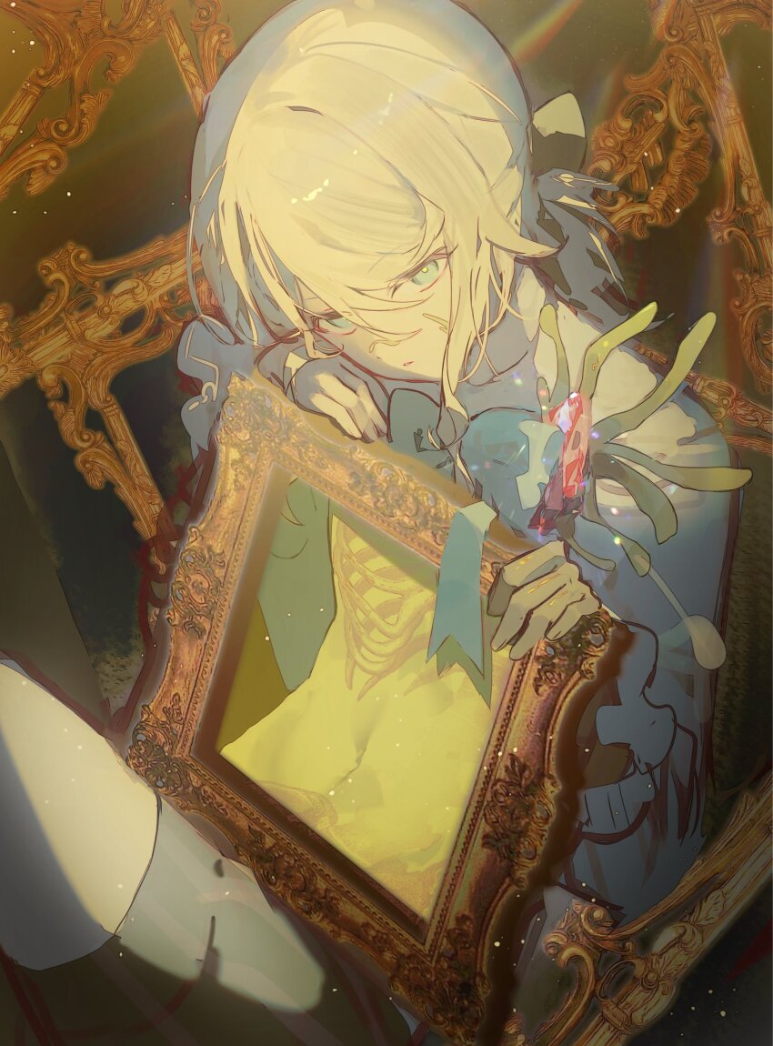 1boy, androgynous, black_shorts, blonde_hair, blue_bow, blue_bowtie, blue_eyes, bow