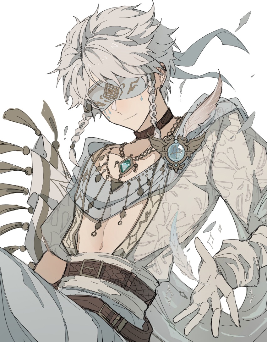 1boy, absurdres, aqua_gem, belt, blindfold, braid, brooch, brown_belt