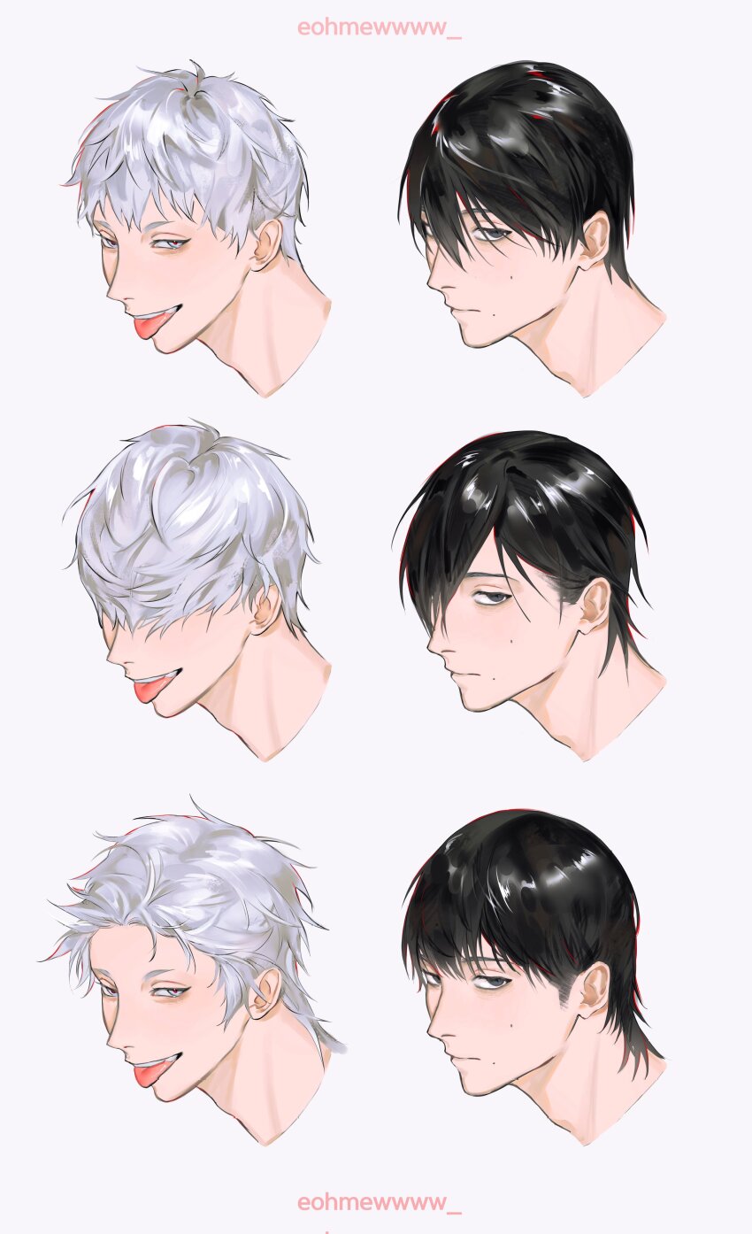 2boys, absurdres, alternate_hair_length, alternate_hairstyle, black_hair, commentary, cropped_head, english_commentary