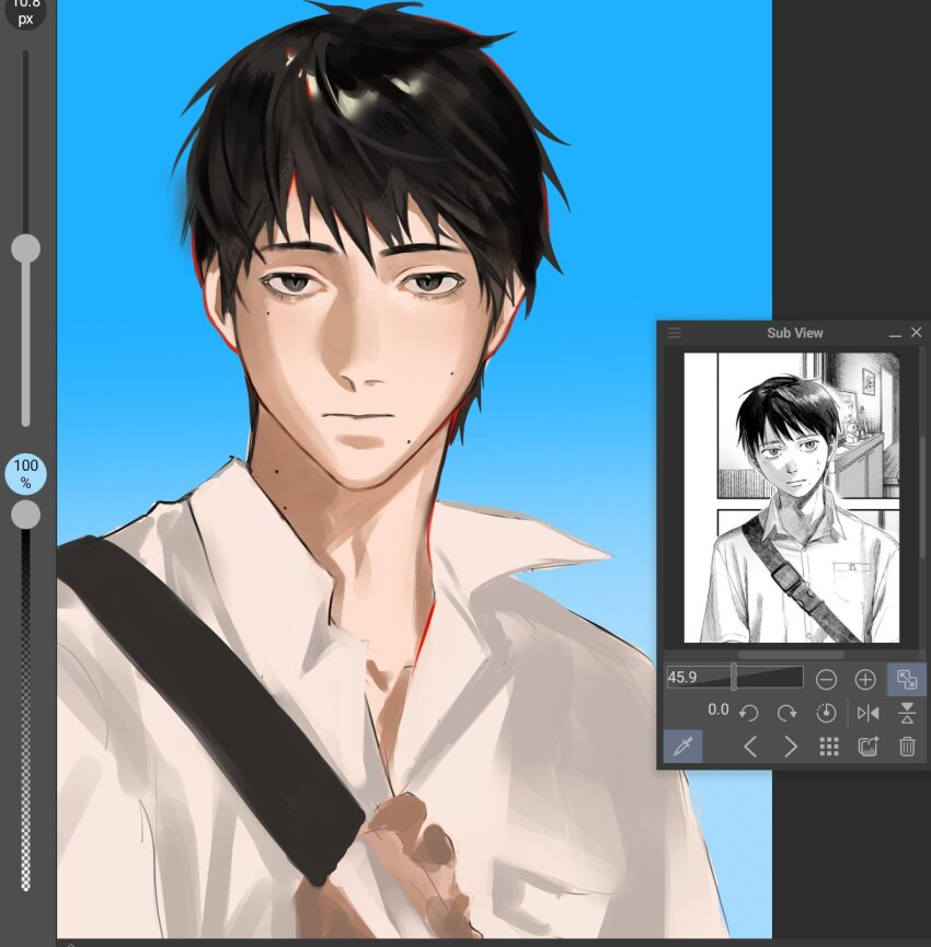 1boy, art_program_in_frame, black_hair, closed_mouth, collared_shirt, commentary, crossbody_bag, english_commentary