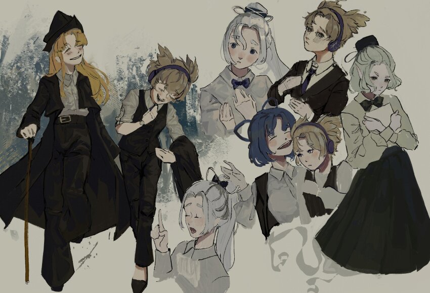 5girls, ^_^, adjusting_clothes, alternate_costume, belt, belt_buckle, black_belt, black_bow