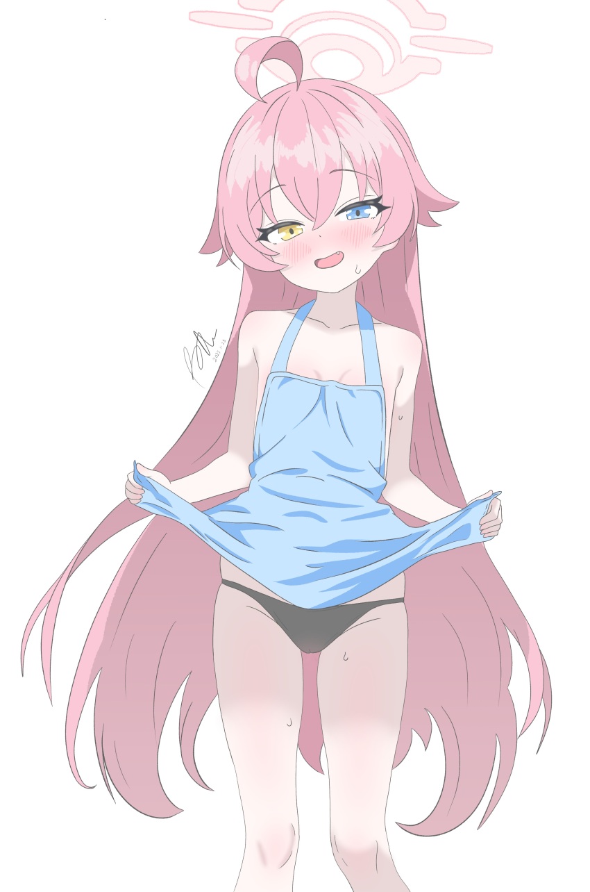 1girl, absurdres, ahoge, alternate_costume, apron, apron_lift, black_panties, black_pantyhose