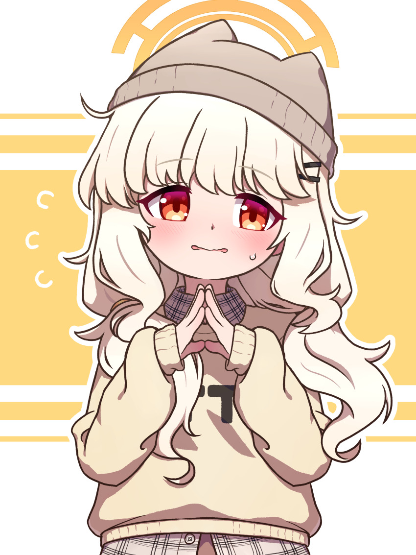 1girl, absurdres, aoba_(blue_archive), aoba_(mom's_touch)_(blue_archive), barid_(rlackdgur98), beanie, blue_archive, blush, brown_skirt, commentary, fluffy_hair, grey_hat, hair_ornament, hairclip, halo, hat, highres, long_hair, long_sleeves, looking_at_viewer, low_twintails, mixed-language_commentary, mom's_touch, official_alternate_costume, orange_halo, outline, own_hands_together, parallel_hairclips, plaid_clothes, plaid_shirt, pleated_skirt, red_eyes, shirt, skirt, solo, sweatdrop, sweater, twintails, two-tone_background, upper_body, wavy_hair, white_background, white_outline, yellow_background, yellow_sweater