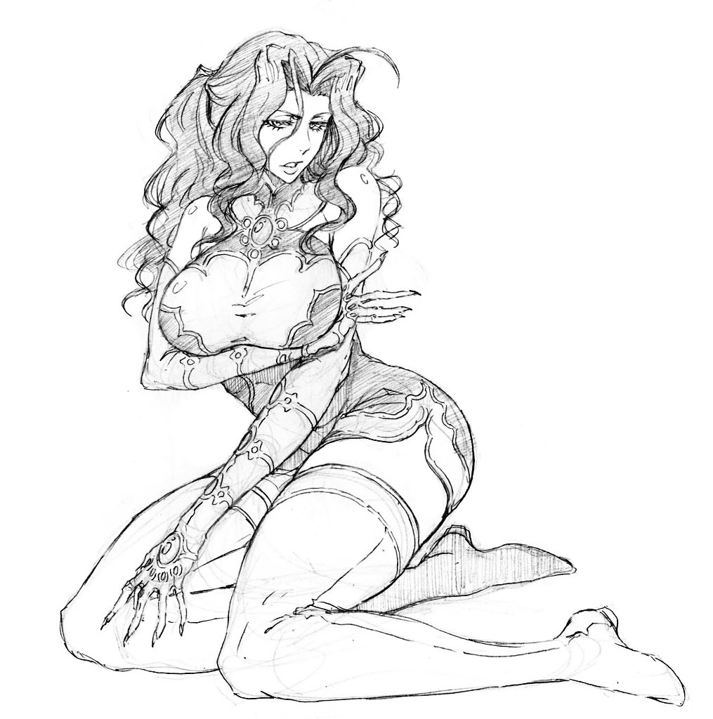 1girl, breasts, cleavage, closed_mouth, earrings, elbow_gloves, gloves, greyscale