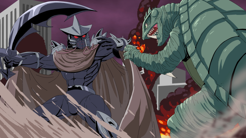 1boy, abs, building, cable, cape, city, claws, cloud