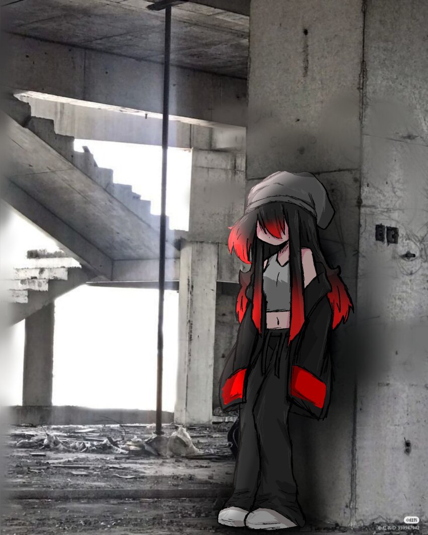 1girl, beanie, black_eyes, black_hair, black_jacket, black_pants, bonbon_(bonzomcbonbon), debris