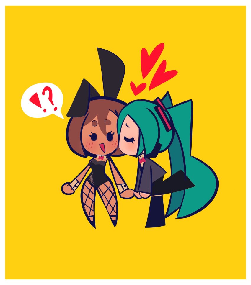 !?, 2girls, aqua_hair, black_leotard, black_pants, border, bow, bowtie