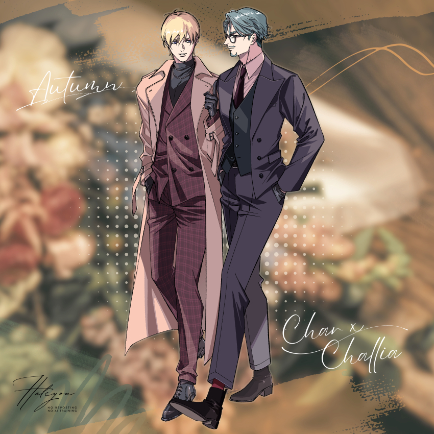 2boys, absurdres, alternate_costume, ankle_boots, artist_name, beard, belt_buckle, black-framed_eyewear, black_boots, black_gloves, black_jacket, black_necktie, black_pants, black_shirt, black_shoes, black_vest, blonde_hair, blue_eyes, blurry, blurry_background, boots, brown_coat, brown_pants, brown_vest, buckle, challia_bull, char_aznable, character_name, closed_mouth, coat, collared_shirt, commentary_request, dress_shoes, facial_hair, glasses, gloves, gundam, gundam_gquuuuuux, halcyon_(gugfuggugfug), hand_in_pocket, hand_up, hands_in_pockets, highres, index_finger_raised, jacket, jewelry, lapels, long_sleeves, looking_at_another, male_focus, multiple_boys, mustache, necklace, necktie, open_clothes, open_coat, oxfords, pants, parted_lips, peaked_lapels, plaid_clothes, plaid_pants, plaid_vest, red_socks, shirt, shoes, short_hair, signature, smile, socks, thick_eyebrows, turtleneck, vest, walking, white_shirt, wing_collar