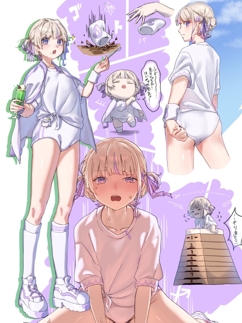 1girl, absurdres, adjusting_clothes, adjusting_shorts, ass, blonde_hair, blush, breasts, chibi, collarbone, commentary_request, cup, food, food_on_face, from_behind, full_body, hair_ribbon, highres, holding, holding_cup, hololive, hololive_dev_is, jacket, jacket_on_shoulders, milkshake_glass, motion_lines, multiple_views, open_mouth, platform_shoes, purple_ribbon, ribbon, shirt, shoes, short_hair, short_shorts, shorts, sleeves_rolled_up, small_breasts, sneakers, socks, speech_bubble, sweatdrop, throwing, tied_shirt, todoroki_hajime, translation_request, tsuwamun, two_side_up, vaulting_horse, virtual_youtuber, weighted_clothes, white_jacket, white_shirt, white_shoes, white_shorts, white_socks, wrist_weights