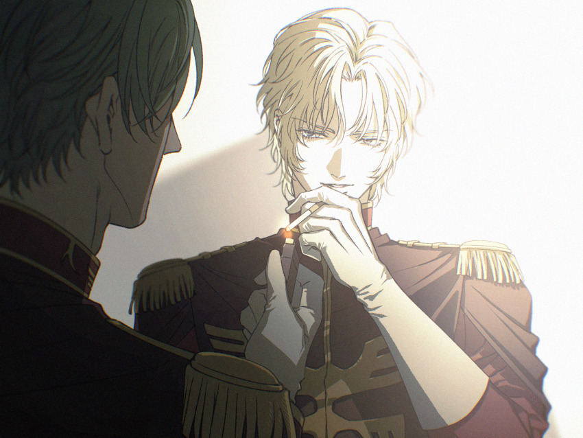 2boys, black_cape, blonde_hair, cape, challia_bull, char_aznable, chromatic_aberration, cigarette