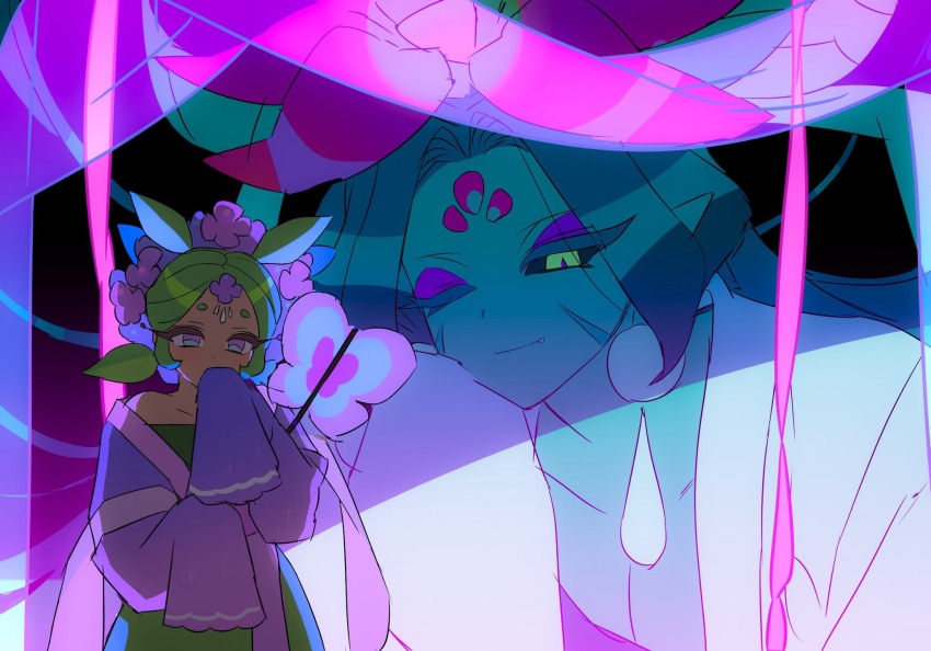 2girls, ;), backlighting, black_background, black_sclera, blue_butterfly, blue_eyes, blue_hair