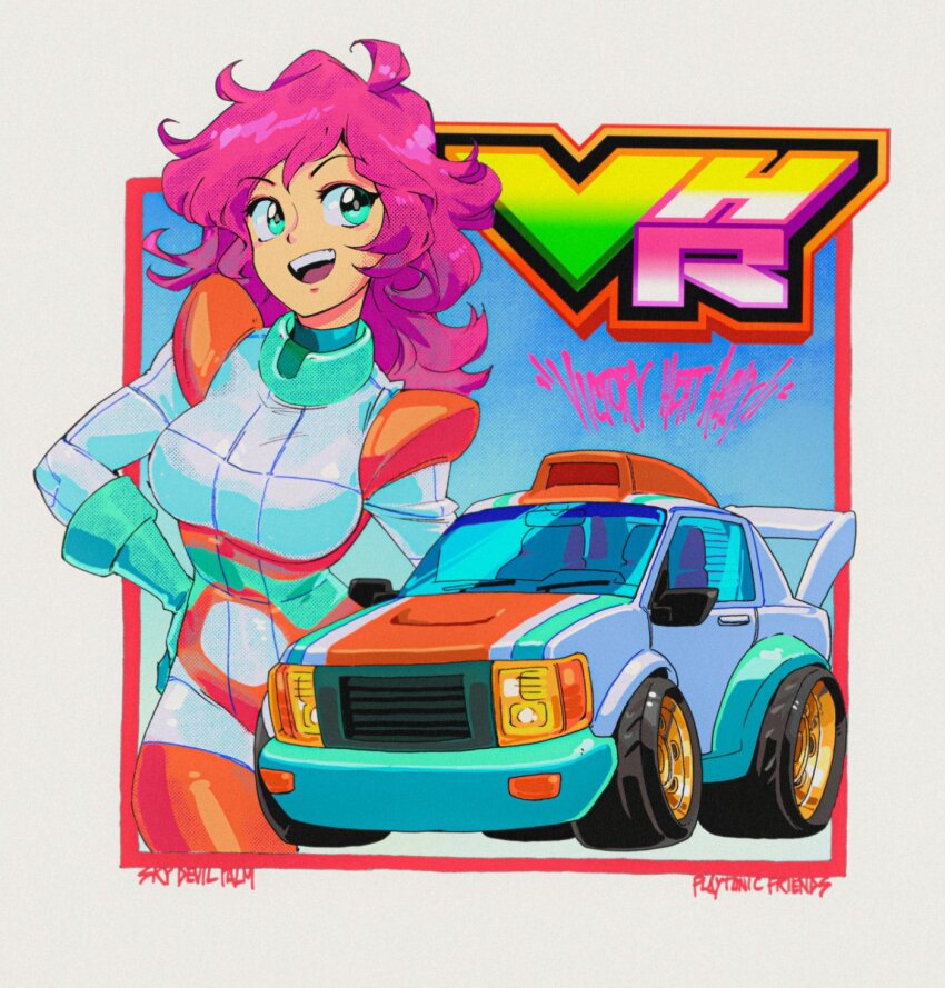 :d, aqua_eyes, ben-day_dots, black_eyes, blue_background, bodysuit, border, breasts, car, commentary, copyright_logo, copyright_name, cowboy_shot, david_liu, english_commentary, hand_on_own_hip, highres, krissi_(victory_heat_rally), logo, long_hair, looking_to_the_side, medium_breasts, messy_hair, motor_vehicle, multicolored_bodysuit, multicolored_eyes, multicolored_racing_suit, open_mouth, outside_border, pink_hair, race_vehicle, racecar, racing_suit, red_border, screentones, smile, spoiler_(automobile), traditional_media, two-tone_eyes, victory_heat_rally