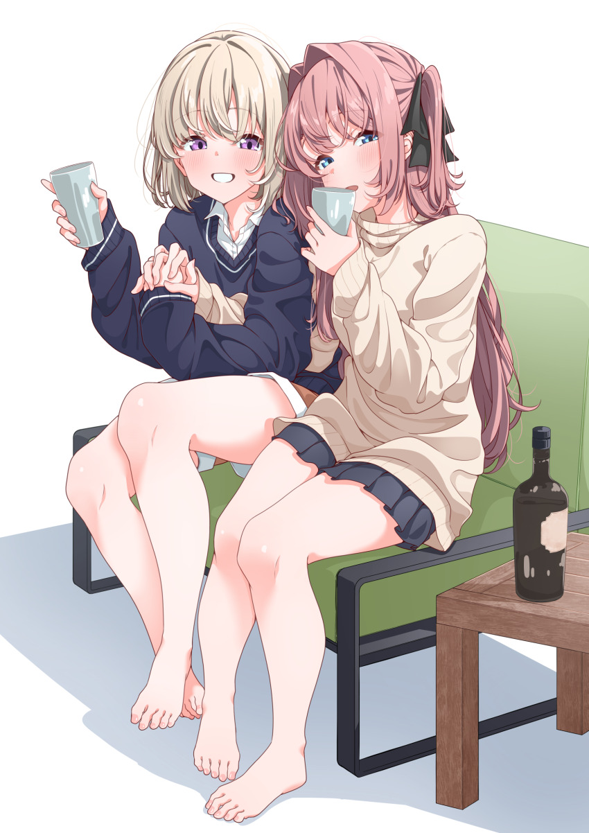 2girls, barefoot, black_ribbon, black_sweater, blonde_hair, blush, bottle, chair