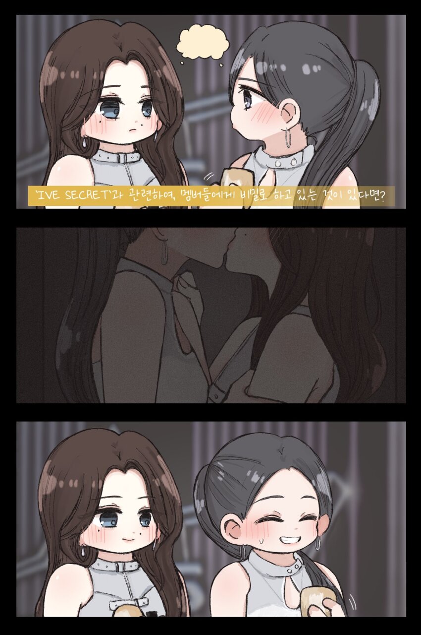2girls, black_hair, blue_eyes, blush, brown_hair, closed_eyes, dress, earrings