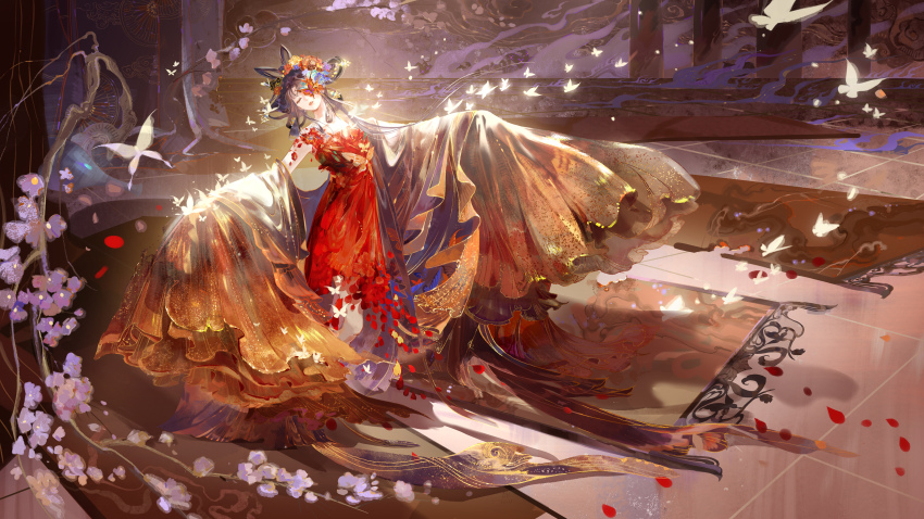 1girl, absurdres, animal_print, artist_request, banner, bare_shoulders, black_hair, blue_flower