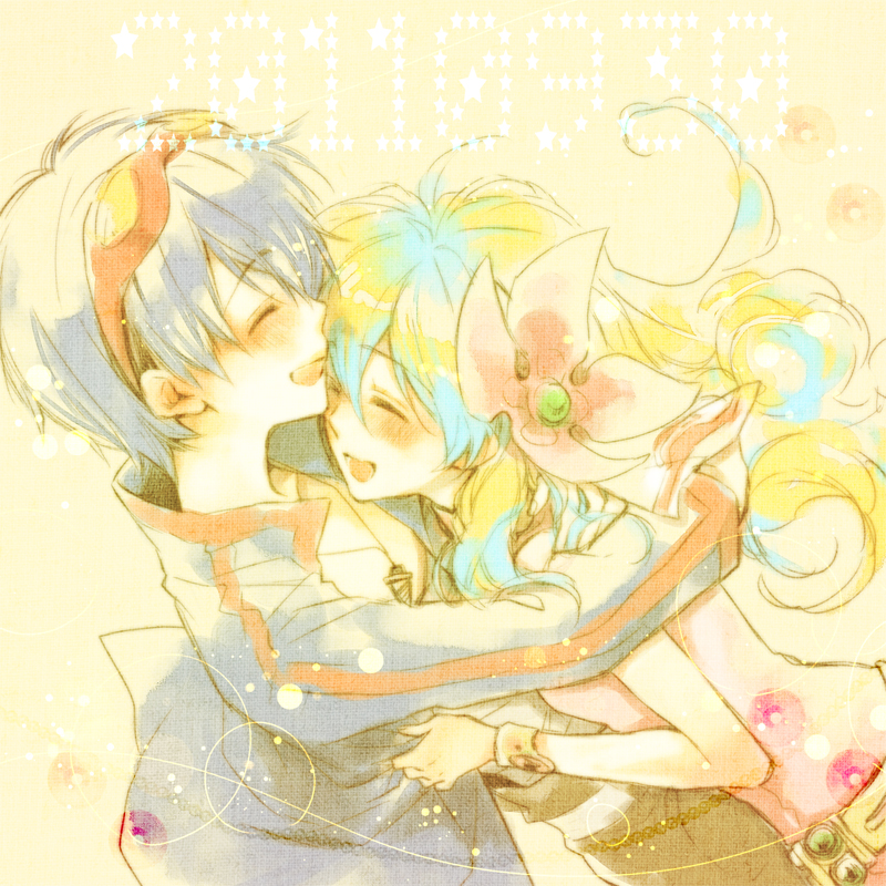 00s, 1boy, 1girl, blue_hair, couple, closed_eyes, flower, goggles
